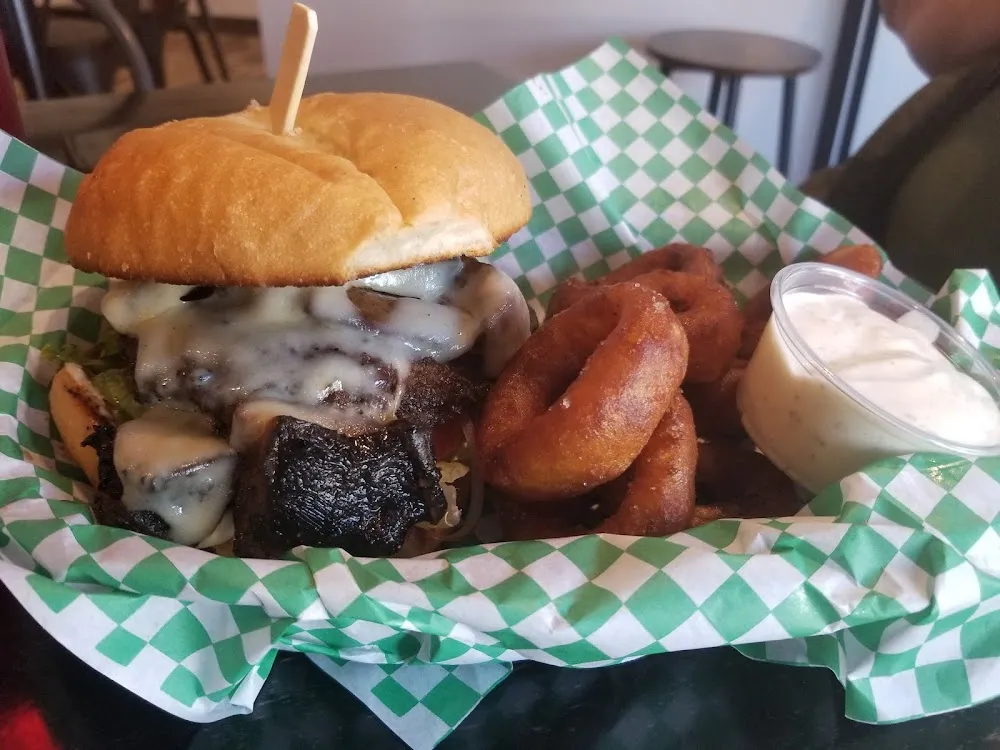 Mushroom Swiss Burger with Onion Rings